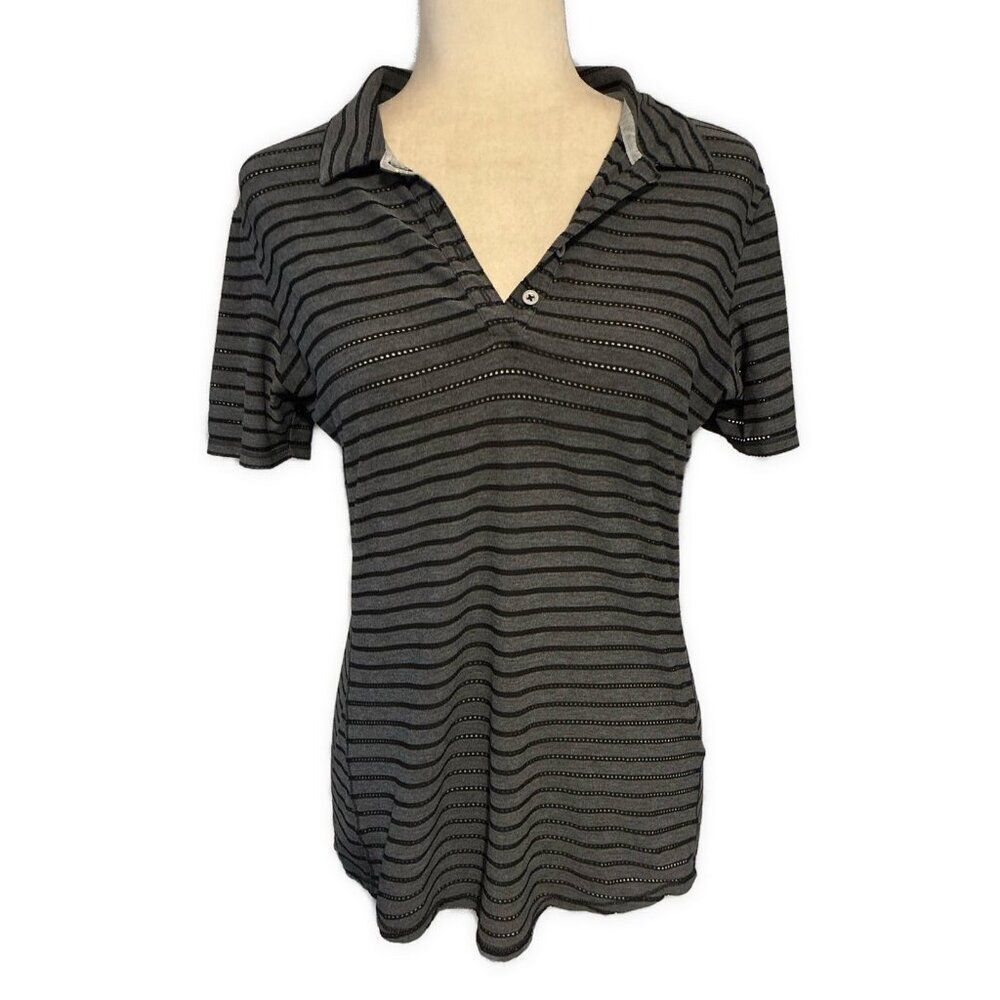 adidas climacool womens gray black mesh striped short sleeve polo Top Medium